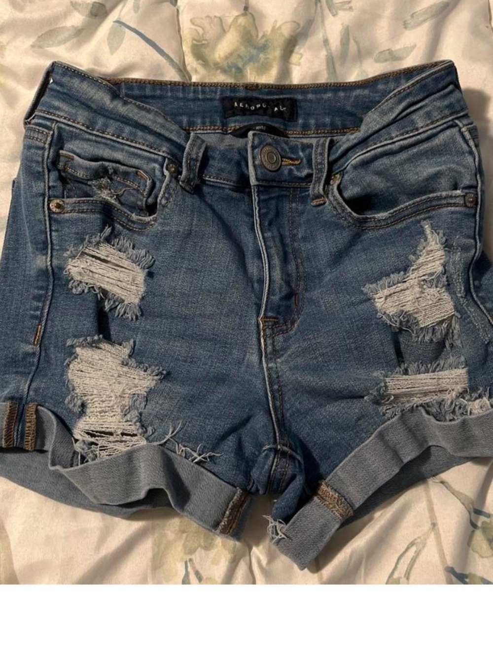 Aeropostale Distressed Rolled Hem Denim Shorts - Blue